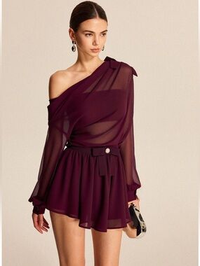 Commense 2pc Semi-Sheer Chiffon One-Shoulder Bow Detail Skirt Set